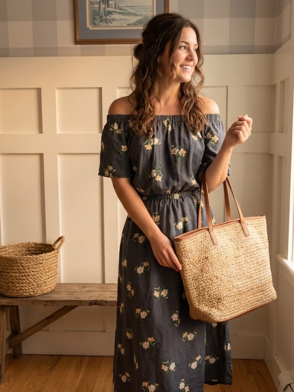 LOFT Grey Yellow Floral Maxi Dress with Ivory & Green Large Pockets Summer